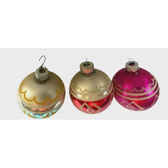 Vintage Shiny Brite Stenciled Glass Ornaments Set 3 USA 1950s Mid Century 2.25” - Picture 2 of 3